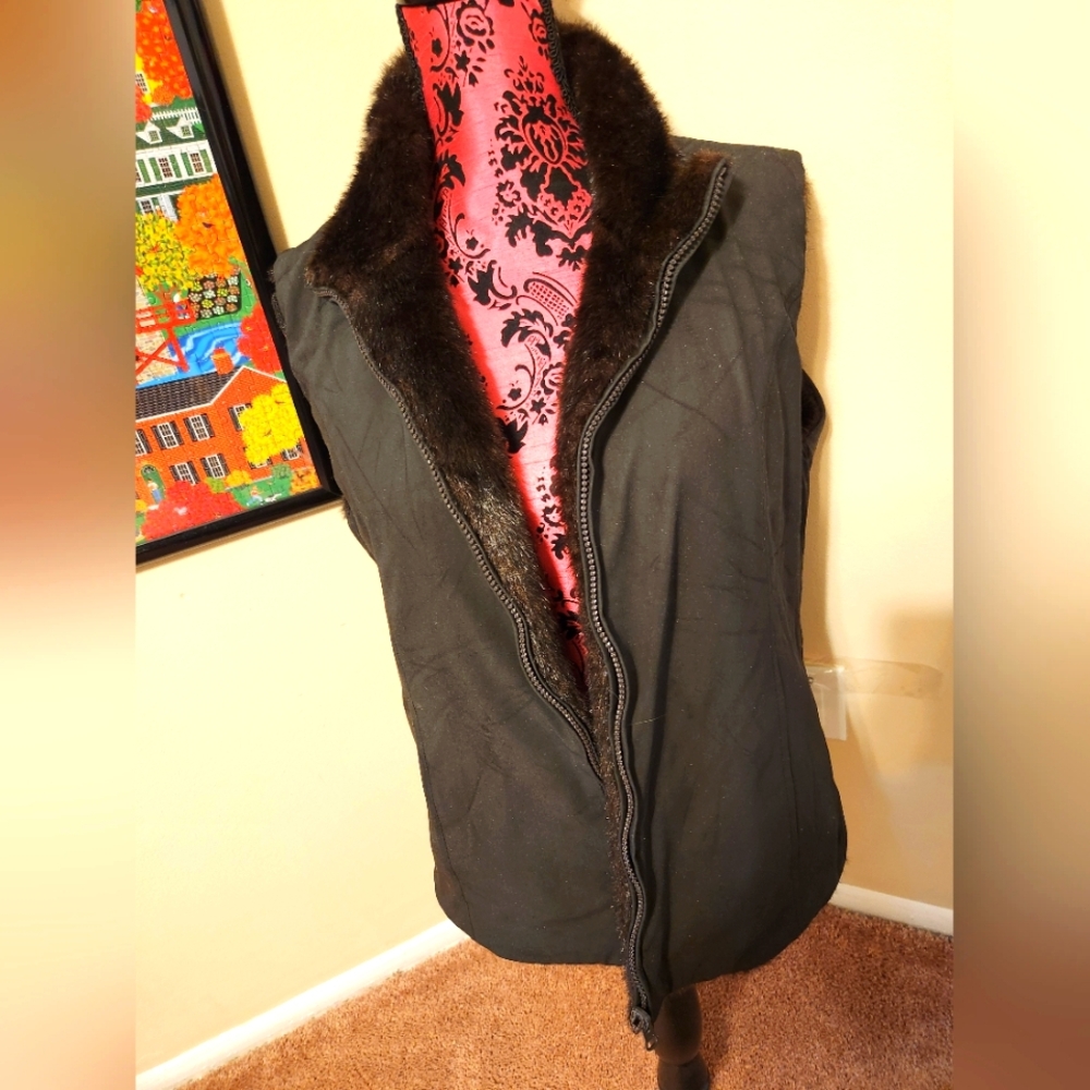 Women's Black Faux Fur Reversible Lined Vest